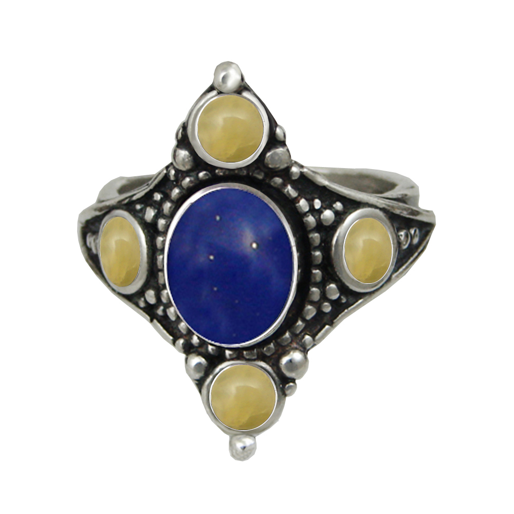 Sterling Silver Renaissance Queen's Ring With Lapis Lazuli And Yellow Aragonite Size 8